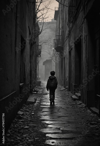 A boy walks in a dark alley at midnight in a blackandwhite photo © Andrey