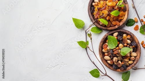 A beautifully arranged assortment of various kinds of dry fruits fills a decorative bowl, with plenty of copy space available for text or graphics. 