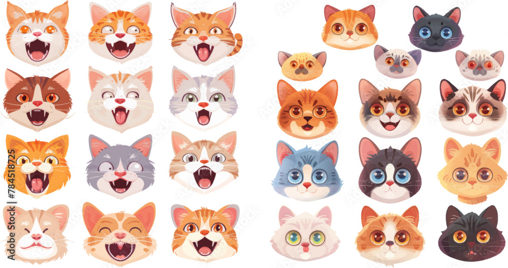 Cute cats faces. Happy animals, funny kitten smiling mouth and crying sad cat