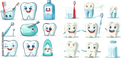 Dental water jet, floss and mouth rinse with tooth mascot vector illustration set