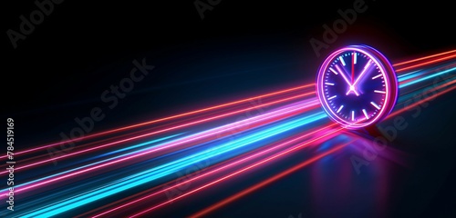 Neon clock with light trails on black background,time and speed concept,copy space,time theme.