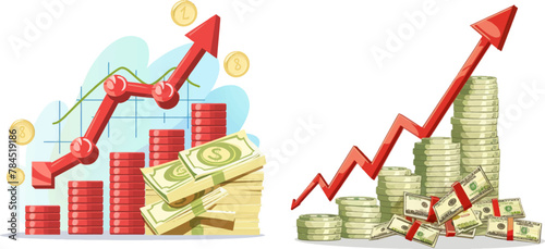 Money profit increase, profitable investments chart with red graph arrow and cash pile