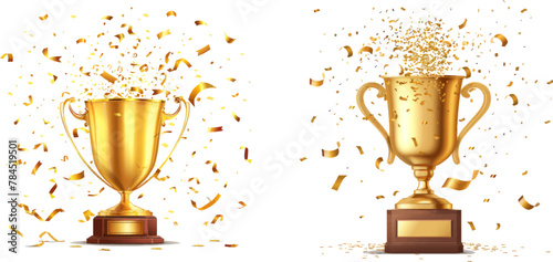 Glossy gold cup with confetti and sports prize with laurel wreath