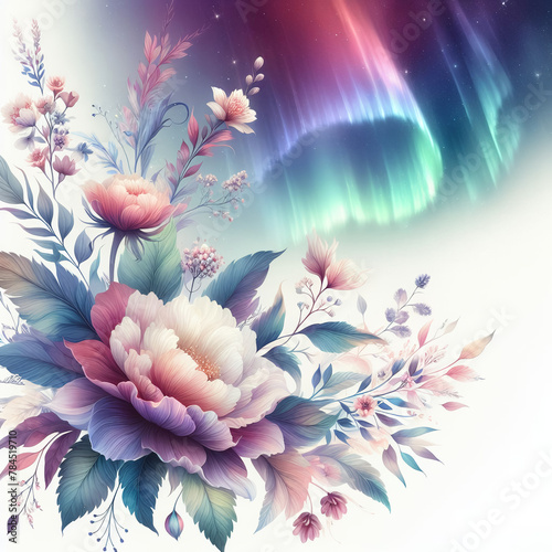 흰 배경, 오로라 색상의 꽃 (a white background, aurora-colored flower)