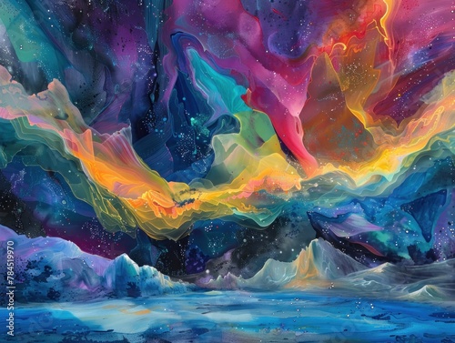 Colorful abstract painting of a mountain landscape with a starry night sky and a glowing lake.