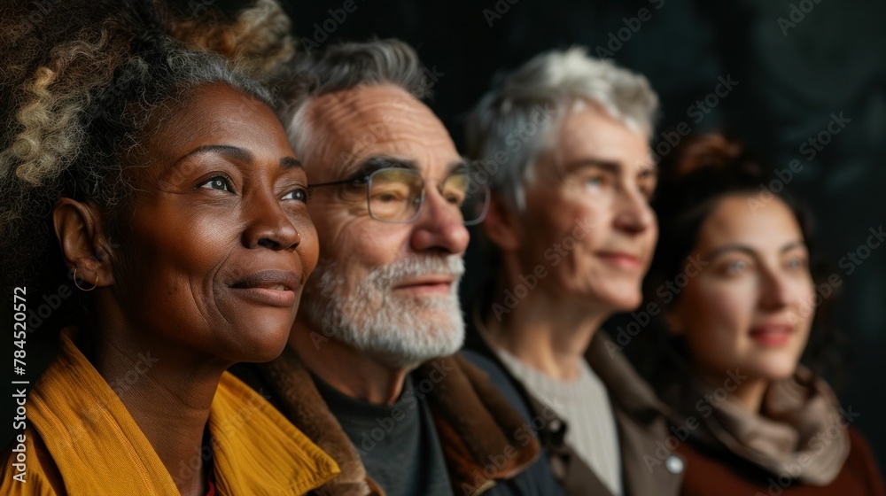 Diverse Group of Older People Standing Together in Front of a Solid Black Background Diverse Group of Older People Standing Together in Front of a Solid Black Background