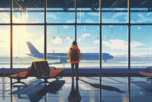 Illustration of a person, seen from the rear, waiting in an airport departure terminal. This visual concept conveys the idea of travel with an international flight.