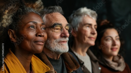 Diverse Group of Older People Standing Together in Front of a Solid Black Background © VICHIZH