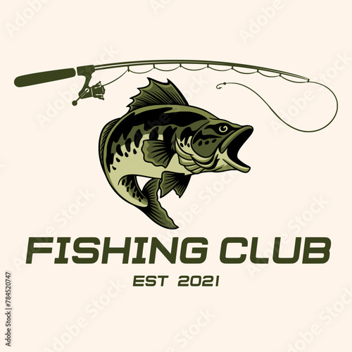 Fishing logo. Fishing vector illustration for logo, stamp, emblem, badge. Fishing sport. Vintage fishing logo with rod