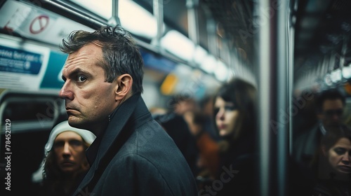 Commuter's Gaze in a Crowded Subway Car