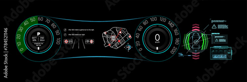 Futuristic Digital Car Dashboard Display, Featuring Speedometer, Navigation Map, and Innovative Technology Interfaces for Enhanced Driving Experience
