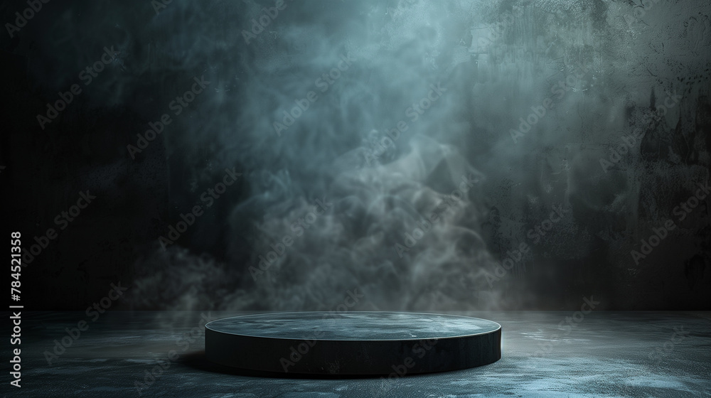 Black podium, black smoke, product platform background, abstract stage, surface, fog, spotlight, black floor podium