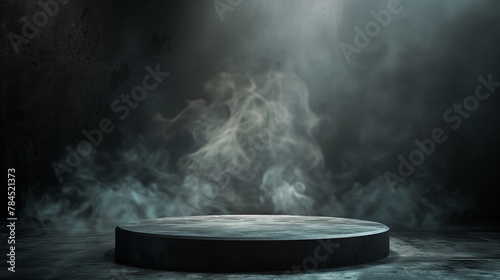 Black podium, black smoke, product platform background, abstract stage, surface, fog, spotlight, black floor podium