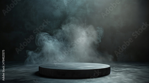 Black podium, black smoke, product platform background, abstract stage, surface, fog, spotlight, black floor podium