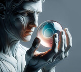 surreal man holding glass sphere