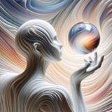 surreal man holding glass sphere