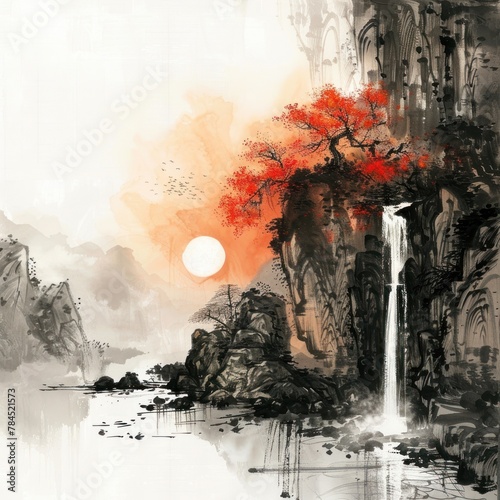 A Chinese architecture with mountain ink painting
