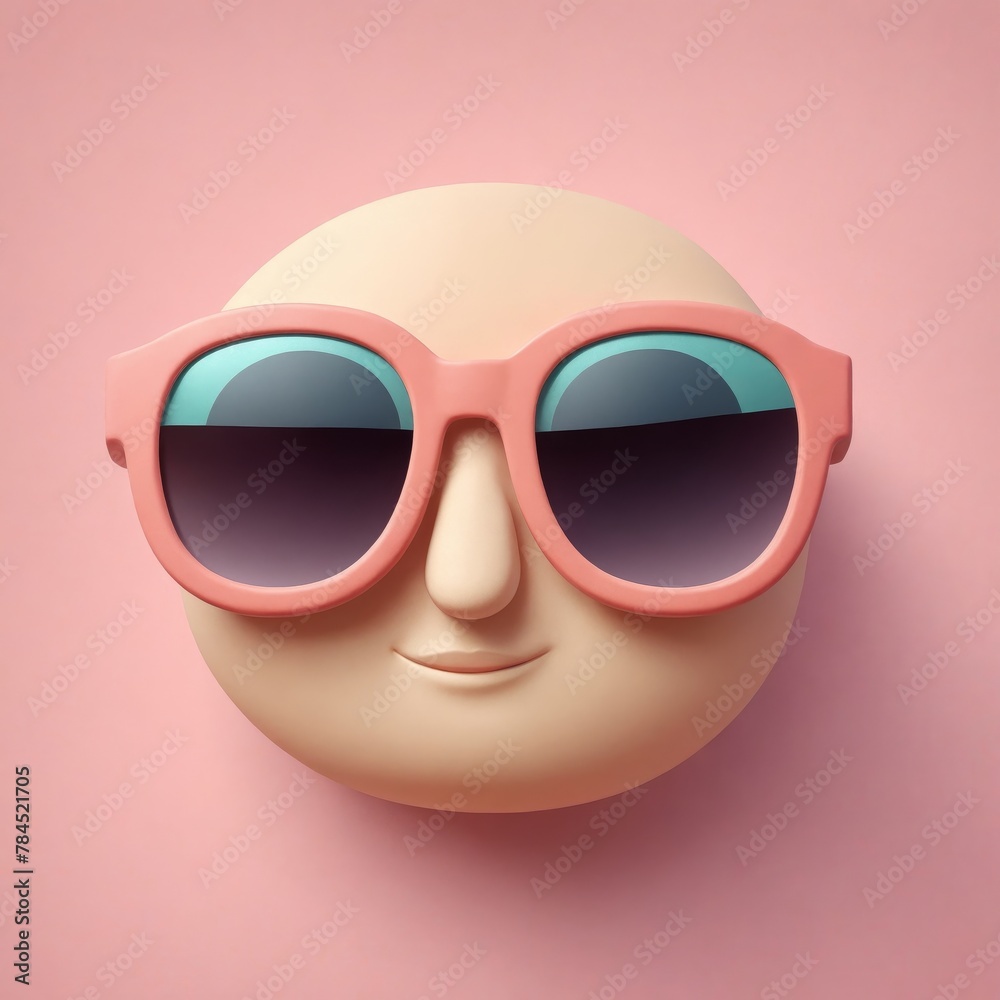 Sunglasses on a cartoon face with hair and nose on a pink background Sunglasses on a cartoon face with hair and nose on a pink background