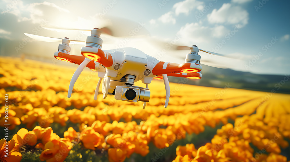 Flying Camera Drone with camera flying over flower fields. Equipped with advanced ...