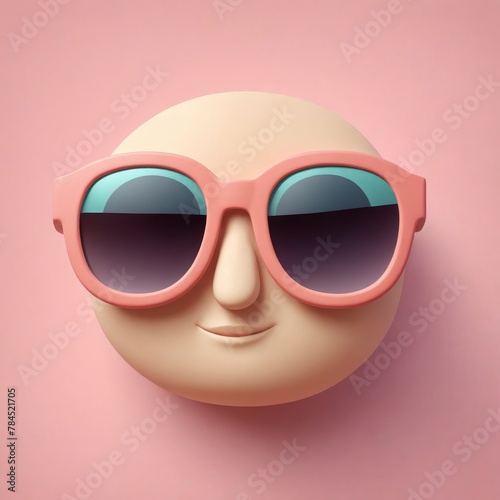 Sunglasses on a cartoon face with hair and nose on a pink background