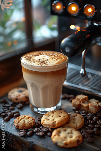 A cup of coffee made by grinding  coffee beans is placed on the workbench  coffee shop
