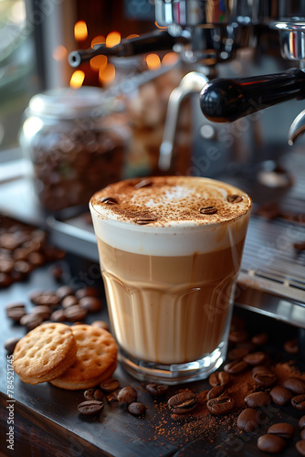 A cup of coffee made by grinding  coffee beans is placed on the workbench  coffee shop