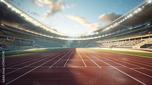 A majestic sports stadium is unveiled in a 3D rendered panoramic view, focusing on the grandeur and the intricacies of the running field tracks