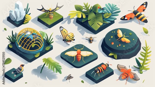A set of flat vector illustrations in 3D isometric style, showcasing various wild animal and insect traps. photo