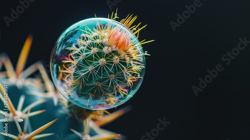 A soap bubble hovering close to a cactus on a black background represents the concepts of risk, danger, and fragility photo