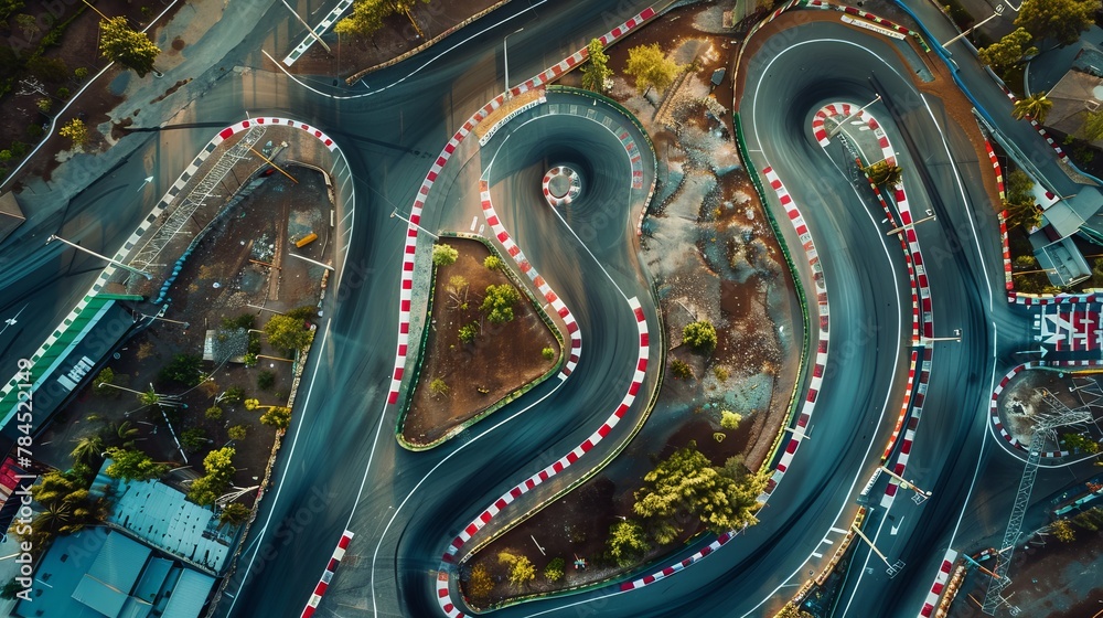 An aerial top view captures a race kart track, illustrating the track layout for auto racing with a clear view of asphalt curves and street circuits - obrazy, fototapety, plakaty 