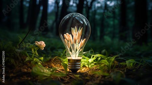 A green bulb on the ground illuminates the buds in the undergrowth with a soft green light. Blooming plant inside light bulb