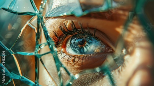 Closeup of woman s eye looking through shattered glass window  creating a sense of vulnerability and insecurity