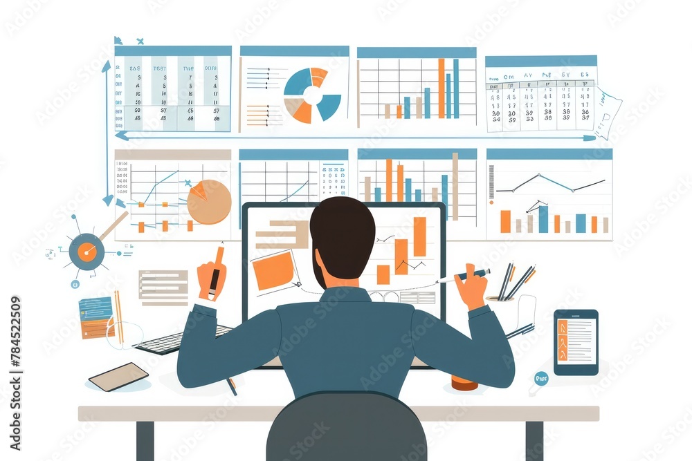 Illustration of a project manager working on task updates, milestones progress planning, and Gantt chart scheduling diagrams. Illustration of a project manager working on task updates, milestones progress planning, and Gantt chart scheduling diagrams.