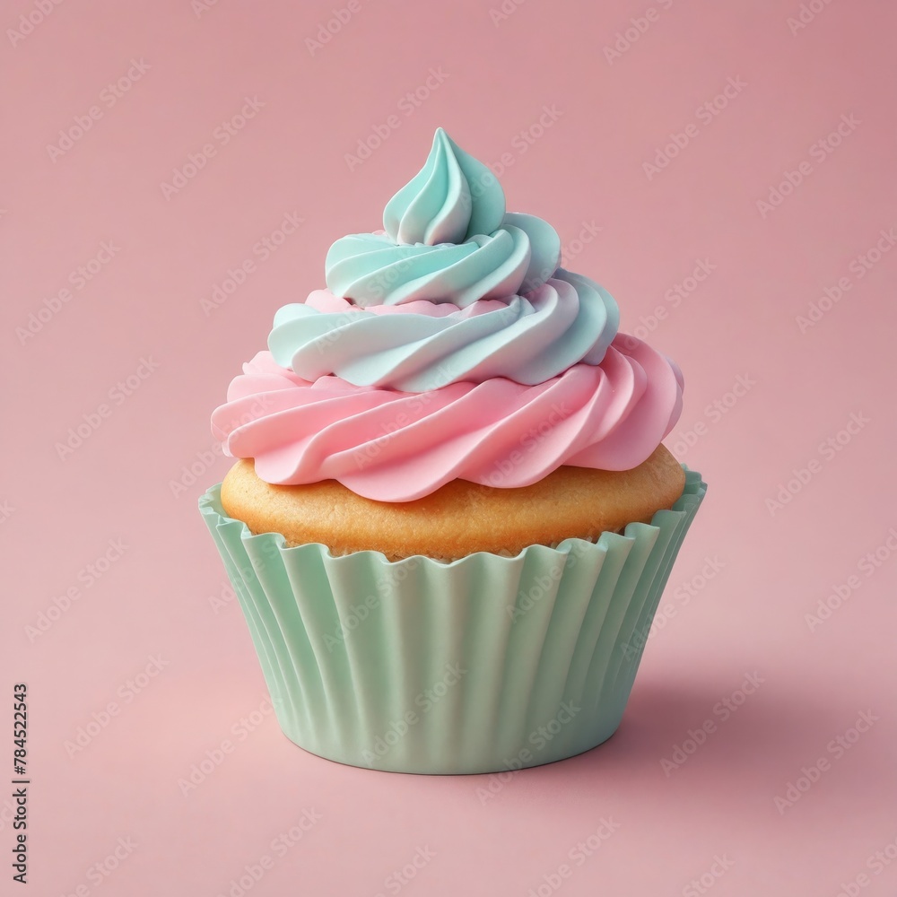 A sweet cupcake with pink and blue frosting, sprinkles, on a pink background A sweet cupcake with pink and blue frosting, sprinkles, on a pink background