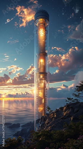 Space elevator research facility, pioneering vertical space travel, reaching for the stars photo