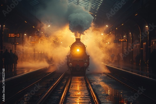 Time travel terminal, passengers boarding trains to different eras, steam meets digital photo