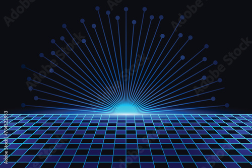 Blue retro cyberpunk futuristic line background. Sci-Fi with chessboard floor background. Neon light grid landscapes