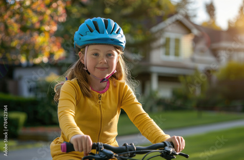 Photo of a young girl wearing a yellow long-sleeved shirt and blue helmet, riding her bike on the street in front of the yard