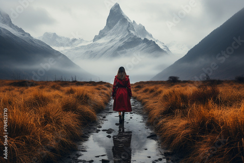 Nature, states of mind, travel concept. Woman with red coat walking on dirty path between dry meadow toward the mountains which are covered with clouds photo