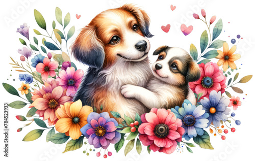 Puppy showing affection to a smaller pup in a flower-filled setting. Clipart on Transparent Background. 