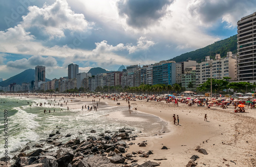 Copacabana beach and Leme in Rio de Janeiro, Brazil. Copacabana beach is the most famous beach in Rio de Janeiro. Sunny cityscape of Rio de Janeiro