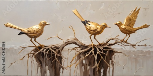 Birds perched on a branch with gold paint, birds, a fine art painting, figurative art, home art, wall art, home posters, wide landscape orientation poster photo