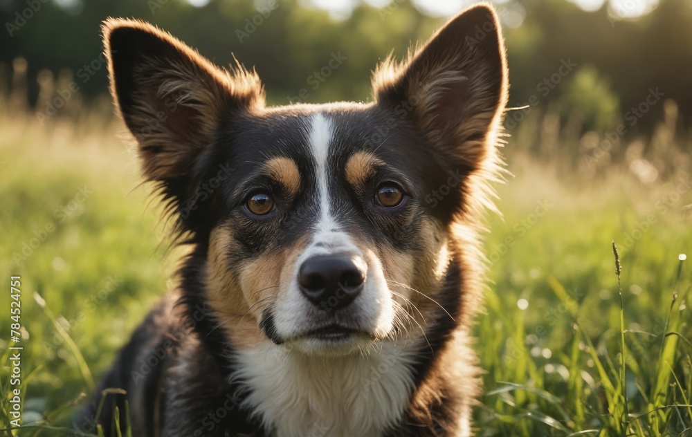 Herding dog laying in grass, gazing at camera with whiskers Herding dog laying in grass, gazing at camera with whiskers