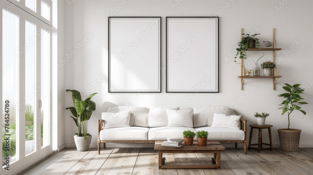 2 frame mockups on a modern farmhouse style living room concept with green plant decoration, 3d render, 3d illustration