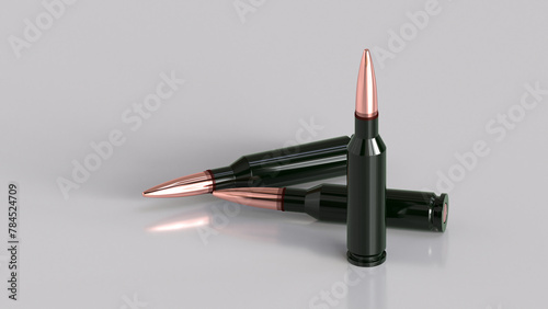 Ammo cartridges for Kalashnikov AK-74 rifle on gray background, depicting military equipment and russian ukrainian ammunition for security and defense purposes, 3d rendering, copy space photo