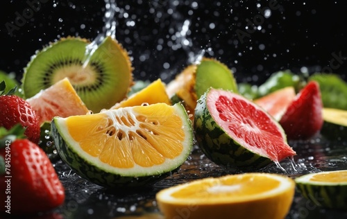 Assorted fruits splashing in water on a table  including clementines and Rangpur