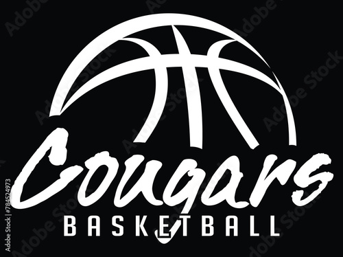 Cougars Basketball Team Graphic White Version is a sports design template that includes graphic Cougars text and a stylized basketball. This is a great modern design for advertising and promotions.
