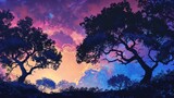 Painting of two trees in front of a colorful sky