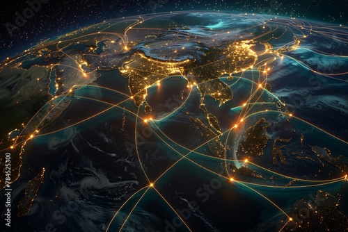 Looking at the Submarine Cable Map from space gives us a view of how the internet and communications are linked worldwide.