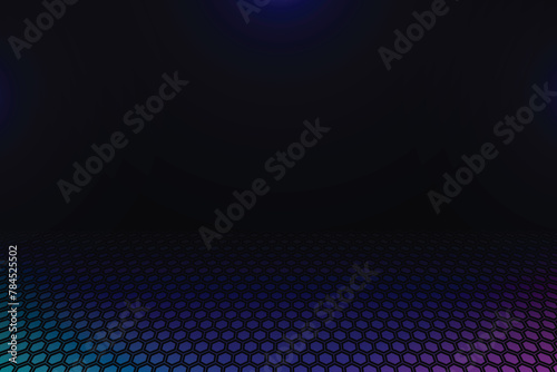 Abstract neon hexagons pattern perspective background and texture with copy space